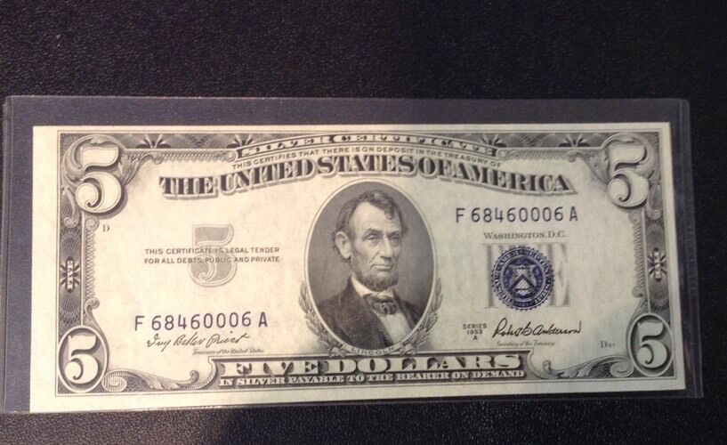 1953 UNC Five Dollar Lincoln Silver Certificate - Coin Box